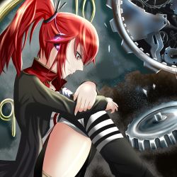 Rule 34 | cul, gears, highres, ponytail, red eyes, red hair, short hair, sitting, solo, striped clothes, striped legwear, striped thighhighs, thighhighs, vocaloid