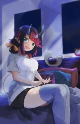 Rule 34 | 1girl, absurdres, alarm clock, alternate costume, bed, black hair, black shorts, blue eyes, blush, bow, breasts, clock, commentary request, demon girl, demon horns, unworn eyewear, feet out of frame, glasses, grey thighhighs, hair bow, highres, horns, indoors, lap pillow invitation, large breasts, long hair, looking at viewer, multicolored hair, nanashi inc., on bed, open mouth, pillow, pointy ears, red hair, ryugasaki rene, shirt, shorts, sitting, smile, solo, sugar lyric, t-shirt, tail, thighhighs, two-tone hair, virtual youtuber, white shirt, yellow bow, zono (inokura syuzo029)