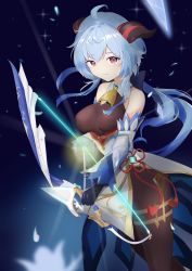 Rule 34 | absurdres, ahoge, bad id, bad pixiv id, bare shoulders, bell, black gloves, black legwear, blue hair, bow (weapon), breasts, chinese knot, detached sleeves, drawing bow, flower knot, ganyu (genshin impact), genshin impact, gloves, gold trim, highres, holding, holding bow (weapon), holding weapon, horns, long hair, looking at viewer, low ponytail, medium breasts, neck bell, purple eyes, sidelocks, solo, standing, tassel, thighlet, vision (genshin impact), weapon, white sleeves, wide sleeves, yaco n