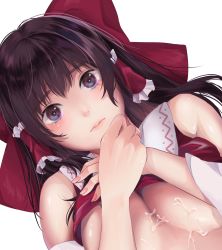 Rule 34 | 1girl, aoki eichi, black hair, bow, breasts, closed mouth, cum, cum on body, cum on breasts, cum on upper body, fingernails, hair bow, hair tubes, hakurei reimu, highres, lips, long hair, looking at viewer, medium breasts, nose, purple eyes, red bow, sidelocks, simple background, solo, touhou, white background