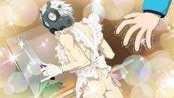 Rule 34 | 10s, 2boys, apron, ass, bow, clear (dramatical murder), dramatical murder, food, game cg, gas mask, gloves, highres, kitchen, knife, looking back, male focus, mask, multiple boys, muscular, naked apron, nitroplus, surprised, trembling, vegetable, what, white hair