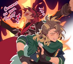 Rule 34 | 2boys, absurdres, black jacket, black shirt, blonde hair, brown hair, cape, covered eyes, crazy laugh, crazy smile, crown, earrings, english text, fire, gloves, goldbullet, green cape, highres, holoarmis, holostars, holostars english, jacket, jewelry, jurard t rexford, long hair, mararu, multicolored hair, multiple boys, one eye closed, open mouth, outline, outstretched arms, partially fingerless gloves, ponytail, red hair, sharp teeth, shirt, short hair, smile, spread arms, streaked hair, sweatdrop, teeth, two-tone hair, upper body, virtual youtuber, white outline, yellow eyes