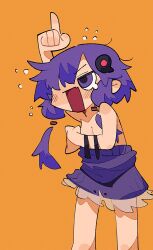 Rule 34 | 1girl, adpx, angry, arm up, bare shoulders, blush, breasts, cleavage, commentary, covering breasts, covering privates, detached hair, dress, fang, feet out of frame, flying sweatdrops, glaring, highres, no bra, no jacket, open mouth, orange background, pointing, pointing up, purple dress, purple eyes, purple hair, short dress, short hair with long locks, sidelocks, simple background, skin fang, sleeveless, sleeveless dress, small breasts, solo, standing, symbol-only commentary, tearing up, v-shaped eyebrows, vocaloid, voiceroid, wardrobe malfunction, yuzuki yukari