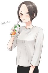 Rule 34 | 1girl, black pants, blush, breasts, brown eyes, brown hair, drink, drinking straw, highres, holding, holding drink, juice box, kyoi hey, long sleeves, looking at viewer, medium breasts, original, pants, parted bangs, shirt, short hair, solo, translation request, upper body, white background, white shirt