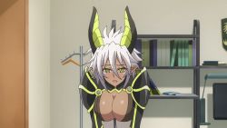 Rule 34 | 10s, 1girl, animated, animated gif, blush, bouncing breasts, breasts, cleavage, dark skin, demon girl, female focus, horns, large breasts, looking at viewer, screencap, shinmai maou no testament, white hair, zest