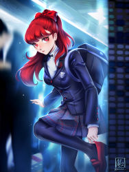 Rule 34 | 1girl, absurdres, adjusting footwear, alina l, bag, black pantyhose, blazer, bow, breasts, floating hair, grey skirt, hair bow, hair over shoulder, highres, jacket, long hair, long sleeves, looking at viewer, medium breasts, miniskirt, pantyhose, parted lips, persona, persona 5, persona 5 the royal, plaid, plaid skirt, pleated skirt, ponytail, purple jacket, red bow, red eyes, red footwear, red hair, red lips, school bag, shirt, shoes, skirt, solo focus, standing, standing on one leg, turtleneck, white shirt, yoshizawa kasumi