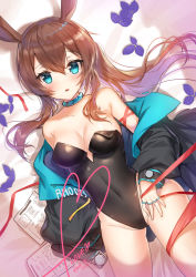 Rule 34 | 1girl, amiya (arknights), animal ears, apple caramel, arknights, bed sheet, black jacket, black leotard, blue eyes, blush, breasts, brown hair, cleavage, commentary request, groin, hair between eyes, heart, highleg, highleg leotard, highres, jacket, jewelry, leaf, leotard, long hair, long sleeves, looking at viewer, lying, medium breasts, multicolored hair, on back, open clothes, open jacket, parted lips, playboy bunny, puffy long sleeves, puffy sleeves, purple hair, rabbit ears, red ribbon, ribbon, ring, sidelocks, sleeves past fingers, sleeves past wrists, solo, strapless, strapless leotard, two-tone hair, very long hair