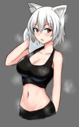 Rule 34 | 1girl, absurdres, animal ear fluff, animal ears, bare arms, bare shoulders, blush, breasts, chinese commentary, cleavage, collarbone, commentary request, cropped torso, grey background, hair between eyes, hand up, highres, holding, holding towel, inubashiri momiji, large breasts, looking at viewer, midriff, navel, no headwear, open mouth, red eyes, short hair, silver hair, simple background, solo, sports bra, steam, stomach, touhou, towel, upper body, wolf ears, wuwusan