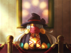 Rule 34 | cloak, dew-spiegel, drawcia, earrings, hair over one eye, hat, jewelry, kirby (series), long hair, nintendo, no humans, picture frame, solo, very long hair, white hair, witch hat, yellow eyes