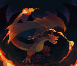 Rule 34 | charizard, claws, creature, creatures (company), dark, dragon, fangs, fire, fire, flame-tipped tail, full body, game freak, gen 1 pokemon, horns, legs apart, looking at viewer, mega charizard y, mega pokemon, night, night sky, nintendo, no humans, outdoors, pokemon, pokemon (creature), salanchu, sky, solo, standing