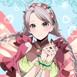 Rule 34 | 1girl, ahoge, braid, breasts, butterfly wings, capelet, closed mouth, commission, commissioner upload, fairy, fairy wings, fe135700, fire emblem, fire emblem fates, fire emblem heroes, flower, flower bracelet, gradient clothes, green bracelet, hair flower, hair ornament, hair vines, heart, heart in eye, highres, insect wings, leaf bracelet, long hair, low twin braids, low twintails, medium breasts, nina (fire emblem), nina (resplendent) (fire emblem), nintendo, official alternate costume, own hands together, parted bangs, pink capelet, pink flower, skeb commission, smile, solo, symbol in eye, twin braids, twintails, vine bracelet, white flower, wings