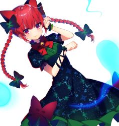 Rule 34 | 1girl, :3, animal ears, arm ribbon, bad id, bad twitter id, bell, blush, bow, bowtie, braid, cat ears, cat girl, cat tail, dress, extra ears, green bow, green dress, hair bow, highres, jingle bell, kaenbyou rin, koto seori, looking at viewer, one-hour drawing challenge, paw pose, puffy short sleeves, puffy sleeves, red bow, red bowtie, red eyes, red hair, ribbon, short hair with long locks, short sleeves, smile, solo, tail, touhou, twin braids, wrist cuffs