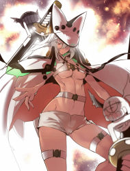 Rule 34 | 1girl, akinaie, belt, belt bra, breasts, cape, creature, dark-skinned female, dark skin, guilty gear, guilty gear xrd, hair over one eye, hat, lowleg, lowleg shorts, medium breasts, open mouth, outstretched arms, ramlethal valentine, red eyes, short shorts, shorts, solo, spread legs, sword, teeth, thigh strap, thighs, underboob, visor, weapon, white hair