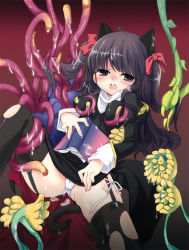Rule 34 | 1girl, animal ears, aogiri sei, black dress, black eyes, black hair, black thighhighs, blush, book, bow, cameltoe, cat ears, commentary request, dress, drosera (ragnarok online), feet out of frame, garter straps, habit, hair bow, holding, holding book, juliet sleeves, long hair, long sleeves, looking at viewer, open mouth, panties, penomena, priest (ragnarok online), puffy sleeves, ragnarok online, red bow, solo, tentacles, thighhighs, torn clothes, torn thighhighs, two side up, underwear, white panties