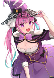 Rule 34 | 1girl, :d, absurdres, bad id, bad pixiv id, blush, breasts, dress, hat, highres, hitsujisnow, hololive, leaning forward, minato aqua, open mouth, pink neckwear, purple dress, purple eyes, smile, solo, twintails, virtual youtuber, white background, witch hat