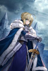 Rule 34 | 1girl, ahoge, armor, armored dress, artoria pendragon (all), artoria pendragon (fate), blonde hair, blue dress, braid, braided bun, breastplate, cape, castle, closed mouth, cloud, cloudy sky, dress, ero waifu, excalibur (fate/stay night), fate/grand order, fate/stay night, fate (series), faulds, fur-trimmed cape, fur trim, gauntlets, green eyes, hair bun, hand on hilt, highres, looking to the side, official style, ribbon, saber (fate), sidelocks, sky, solo, sword, weapon