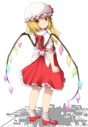 Rule 34 | 1girl, ankle socks, blonde hair, clenched hand, flandre scarlet, frilled skirt, frills, from behind, frown, full body, hat, hat ribbon, looking at viewer, looking back, mary janes, mob cap, red eyes, ribbon, shoes, short sleeves, side ponytail, simple background, skirt, skirt set, socks, solo, standing, touhou, uumaru1869, white background, wings