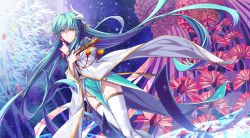 Rule 34 | 1girl, aqua hair, bamboo, crossed arms, hand fan, fate/grand order, fate (series), folding fan, highres, horns, japanese clothes, jh, kimono, kiyohime (fate), long hair, looking at viewer, origami, paper crane, pelvic curtain, smile, solo, tanabata, tanzaku, thighhighs, very long hair, white background, wide sleeves, yellow eyes