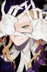 1boy, black headwear, blonde hair, butterfly ornament, claws, curly hair, eyelashes, fate/grand order, fate (series), formal, gloves, green eyes, hand over face, long hair, male focus, pinstripe pattern, pinstripe suit, purple headwear, sindri, smile, solo, striped, suit, very long hair, wolfgang amadeus mozart (fate)