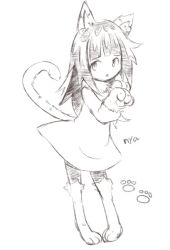 Rule 34 | 1girl, :&lt;, animal costume, animal ears, cat costume, cat ears, cat tail, deemo, embarrassed, full body, girl (deemo), looking away, paw pose, sketch, solo, standing, tail, trutsmn