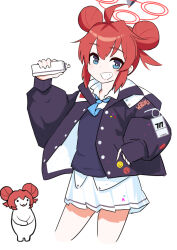 Rule 34 | 1girl, ahoge, blue archive, blue eyes, blue necktie, blue sweater vest, blush stickers, bright pupils, double bun, grin, hair between eyes, hair bun, halo, hand in pocket, hood, hooded jacket, id card, jacket, long sleeves, looking at viewer, maki (blue archive), necktie, odaneru apart, pleated skirt, puffy long sleeves, puffy sleeves, red hair, red halo, shirt, sidelocks, simple background, skirt, smile, solo, spray can, sweater vest, undershirt, white background, white pupils, white shirt, white skirt, white undershirt