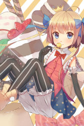Rule 34 | 1girl, ahoge, ankle boots, black gloves, blonde hair, bloomers, blue eyes, boots, candy, cherry, crown, doughnut, dress, elbow gloves, food, frilled gloves, frills, fruit, gloves, hair ribbon, highres, ice cream, ice cream cone, layered dress, lollipop, looking at viewer, macaron, original, pantyhose, parfait, polka dot, polka dot skirt, pudding, reclining, ribbon, shone, short hair, short hair with long locks, skirt, sleeveless, sleeveless dress, smile, solo, strawberry, striped background, striped clothes, striped pantyhose, twintails, two side up, underwear, vertical-striped clothes, vertical-striped pantyhose, wafer stick