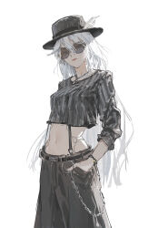 Rule 34 | 1girl, a2 (nier:automata), alternate costume, android, black hat, black shirt, bracelet, breasts, chain, closed mouth, commentary, cowboy shot, crop top, crop top overhang, cropped shirt, dino (dinoartforame), english commentary, grey pants, hair between eyes, hand in pocket, hat, hat feather, highres, jewelry, joints, long hair, long sleeves, looking at viewer, medium breasts, midriff, navel, nier:automata, nier (series), pants, robot joints, round eyewear, shirt, simple background, solo, standing, sunglasses, very long hair, white background, white hair
