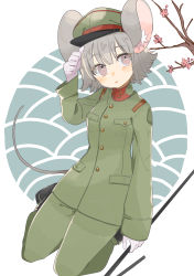 Rule 34 | 1girl, animal ears, gloves, green jacket, green pants, grey eyes, grey hair, hall jion, hat, highres, holding, imperial japanese army, jacket, long sleeves, military, military hat, military jacket, military uniform, mouse ears, mouse girl, mouse tail, nazrin, pants, short hair, solo, tail, touhou, uniform, white gloves, world war ii