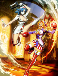 Rule 34 | 2girls, blonde hair, blue hair, boxing gloves, breasts, capcom, cleavage, cleavage cutout, clothing cutout, crossover, female focus, genzoman, justice gakuen, lab zero games, large breasts, leotard, multiple girls, nurse, red eyes, revealing clothes, skullgirls, tiffany lords, valentine (skullgirls)