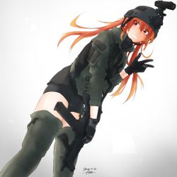 Rule 34 | 1girl, aze (tyranno-link), black gloves, boots, gloves, grin, gun, h&amp;k ump, helmet, highres, military, military ubniform, red eyes, red hair, shorts, signature, smile, solo, thigh boots, thighhighs, twintails, ump45, v, weaoon, weapon, white background