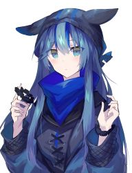 Rule 34 | 1girl, alternate hairstyle, animal hat, arknights, beanie, blue eyes, blue hair, blue hat, blue jacket, blue scarf, blue theme, commentary, glaucus (arknights), hair between eyes, hat, holding, jacket, long hair, looking at viewer, multicolored hair, sasa onigiri, scarf, scrunchie, simple background, solo, white background, wrist scrunchie