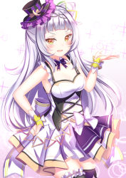 Rule 34 | 1girl, alternate costume, armpits, blunt bangs, blush, breasts, cone hair bun, frills, hair bun, hat, highres, hololive, hololive idol uniform, idol clothes, light purple hair, long hair, looking at viewer, murasaki shion, nonstop story, open mouth, orange eyes, single side bun, small breasts, solo, sparkle, virtual youtuber, yuano
