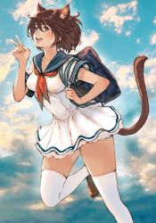 Rule 34 | 1girl, animal ears, backpack, bag, blue eyes, blue sky, breasts, brown footwear, brown hair, cat ears, cat girl, cat tail, cloud, cloudy sky, collarbone, day, dress, hand up, highres, holding, leg up, loafers, makimura shunsuke, medium breasts, open mouth, original, panties, pantyshot, sailor collar, school uniform, shoes, short dress, short hair, short sleeves, simple background, sky, solo, standing, tail, teeth, thighhighs, underwear, v, white thighhighs, zettai ryouiki