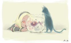 Rule 34 | 1girl, blonde hair, commentary request, dark skin, dusty (gravity daze), fishbowl, graphite (medium), gravity daze, hairband, kitten (gravity daze), long hair, open mouth, red eyes, scarf, smile, traditional media