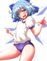 Rule 34 | 1girl, alternate costume, blue eyes, blue hair, blush, buruma, cirno, commentary request, gym uniform, highres, ice, ice wings, matching hair/eyes, open mouth, puffy short sleeves, puffy sleeves, purple buruma, shirt, short sleeves, solo, touhou, wings, zan (harukahime)