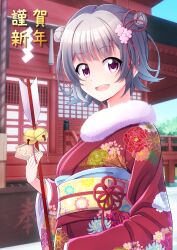 1girl absurdres cevio double_bun floral_print furisode grey_hair hair_bun happy_new_year highres iwarihhi japanese_clothes kimono koharu_rikka new_year print_kimono red_kimono short_hair synthesizer_v