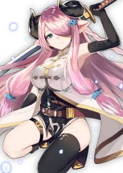 Rule 34 | 10s, 1girl, armpits, asymmetrical legwear, black footwear, black gloves, black thighhighs, boots, breasts, closed mouth, draph, elbow gloves, fuotchan, gloves, granblue fantasy, hair ornament, hair over one eye, highres, holding, holding sword, holding weapon, horns, katana, knee boots, kneeling, large breasts, light smile, long hair, looking at viewer, mismatched legwear, narmaya (granblue fantasy), pink hair, pointy ears, single thighhigh, smile, solo, sword, thigh strap, thighhighs, thighs, very long hair, weapon