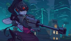 Rule 34 | 1girl, animated, animated gif, black hair, blinking, breasts, center opening, colored skin, gun, head-mounted display, holding, holding gun, holding weapon, overwatch, overwatch 1, parody, pixel art, ponytail, purple skin, rifle, shroedinger, sniper rifle, solo, style parody, visor, weapon, widowmaker (overwatch)