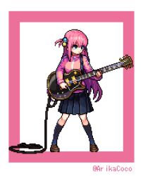 Rule 34 | 1girl, arikacoco, blue eyes, bocchi the rock!, cube hair ornament, electric guitar, full body, gibson les paul, gotoh hitori, guitar, hair between eyes, hair ornament, holding, holding instrument, instrument, jacket, long hair, long sleeves, lowres, one side up, pink hair, pink jacket, pink track suit, pixel art, simple background, skirt, solo, sprite, standing, track jacket, white background