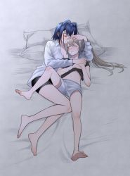 Rule 34 | 2girls, bare legs, barefoot, bed sheet, bike shorts, black shirt, blouse, blue hair, brown hair, clothes lift, collared shirt, cuddling, drooling, feet, hair intakes, hand on another&#039;s head, highres, holding hands, hololive, hololive english, hug, long hair, lying, midriff peek, miyamoto (dominocube6), multiple girls, nanashi mumei, navel, on back, ouro kronii, pillow, ponytail, shirt, shirt lift, short hair, shorts, sleeping, t-shirt, toes, unbuttoned, unbuttoned shirt, very long hair, virtual youtuber, white shirt, white shorts, yuri