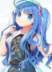 Rule 34 | 1girl, alternate costume, alternate hair length, alternate hairstyle, arms up, black one-piece swimsuit, blue background, blue eyes, blue hair, commentary request, dated, green headwear, gunjou row, hair bobbles, hair ornament, head tilt, highres, kawashiro nitori, key, long hair, looking at viewer, one-piece swimsuit, see-through, see-through skirt, signature, simple background, skirt, smile, solo, swimsuit, swimsuit under clothes, touhou, transparent headwear, twitter username, two-tone background, two side up, very long hair, vest, white background