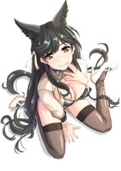 Rule 34 | 1girl, alternate costume, animal ear fluff, animal ears, atago (azur lane), atago (stunning speedster) (azur lane), azur lane, bikini, black bikini, black hair, black thighhighs, blush, breasts, brown eyes, cleavage, closed mouth, extra ears, from above, full body, hair ribbon, hand on own face, highres, kneeling, large breasts, long hair, long sleeves, looking at viewer, looking up, mole, mole under eye, race queen, revision, ribbon, shoes, shrug (clothing), simple background, skindentation, smile, solo, swimsuit, thighhighs, very long hair, white background, white footwear, white ribbon, yamagami mozuku