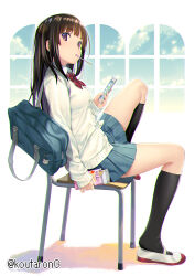 Rule 34 | 1girl, black hair, black socks, blue skirt, blue sky, bow, breasts, brown eyes, cardigan, cellphone, chair, cloud, collared shirt, commentary request, day, food, holding, holding phone, kneehighs, koutaro, long hair, medium breasts, on chair, original, phone, pleated skirt, pocky, red bow, school chair, school swimsuit, school uniform, shirt, shoes, skirt, sky, socks, solo, swimsuit, twitter username, uwabaki, white cardigan, white footwear, white shirt, window