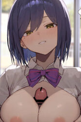 Rule 34 | 1girl, areola slip, bar censor, blue hair, blurry, blurry background, bow, bowtie, breasts, breasts out, censored, commentary request, cropped, large breasts, looking at viewer, mixed-language commentary, mole, mole under eye, nijisanji, paid reward available, paizuri, penis, purple bow, purple bowtie, seductive smile, shirt, shizuka rin, shizuka rin (1st costume), smile, solo, sooon, upper body, virtual youtuber, white shirt, yellow eyes