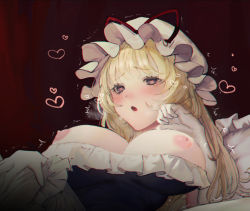 Rule 34 | 2girls, black eyes, blonde hair, blush, breasts, breasts out, chromatic aberration, commentary, female orgasm, frilled pillow, frills, gloves, hand on another&#039;s head, hat, heart, heart-shaped pupils, izayoi sakuya, large breasts, long hair, maid headdress, mob cap, mochacot, multiple girls, nipples, open mouth, orgasm, pillow, symbol-shaped pupils, torogao, touhou, trembling, white gloves, white hair, yakumo yukari