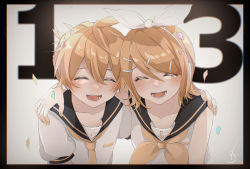 Rule 34 | 1boy, 1girl, anniversary, arm around back, bare shoulders, bass clef, black collar, blonde hair, bow, closed eyes, collar, commentary, confetti, facing viewer, hair bow, hair ornament, hairclip, hand on another&#039;s shoulder, highres, kagamine len, kagamine rin, leaning forward, nail polish, necktie, open mouth, paripariparingo, sailor collar, school uniform, shirt, short hair, short ponytail, short sleeves, sleeveless, sleeveless shirt, smile, spiked hair, swept bangs, treble clef, upper body, vignetting, vocaloid, white bow, white shirt, yellow nails