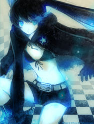Rule 34 | 10s, 1girl, belt, bikini, bikini top only, black hair, black rock shooter, black rock shooter (character), blue eyes, boots, checkered floor, coat, flat chest, front-tie top, gloves, glowing, glowing eyes, hood, hooded jacket, jacket, katana, knee boots, long hair, midriff, navel, pale skin, scar, short shorts, shorts, solo, star (symbol), stitches, swimsuit, sword, twintails, uneven twintails, uno (artist), uno (colorbox), very long hair, vocaloid, weapon, zipper