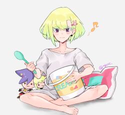Rule 34 | 1boy, alternate hairstyle, artist name, bare legs, barefoot, blonde hair, blush, bucket, character doll, collarbone, colored eyelashes, earrings, english text, feet, food, galo thymos, hair behind ear, hair ornament, holding, holding bucket, holding spoon, ice cream, jewelry, lio fotia, looking down, loose clothes, loose shirt, male focus, musical note, pillow, promare, purple eyes, rabbit hair ornament, shadow, shirt, short hair, simple background, sitting, smile, solo, spoon, trap, triangle earrings, white background, white shirt, xyz008