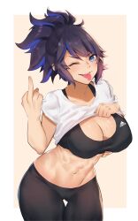 Rule 34 | 1girl, abs, absurdres, adidas, black bra, black hair, blue eyes, blue hair, border, bra, breasts, cleavage, commission, curvy, deccatezu, gluteal fold, highres, kson, large breasts, leggings, long hair, middle finger, mole, mole under eye, multicolored hair, navel, one eye closed, piercing, ponytail, shirt, solo, sports bra, streaked hair, tongue, tongue out, tongue piercing, underwear, virtual youtuber, vshojo, white border, white shirt