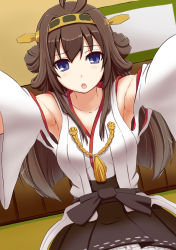 Rule 34 | 10s, 1girl, :o, armpits, arms up, blue eyes, blush, breasts, brown hair, detached sleeves, hair ornament, hairband, headgear, highres, japanese clothes, kantai collection, kongou (kancolle), long hair, open mouth, outstretched arms, skirt, solo, towamin, wide sleeves